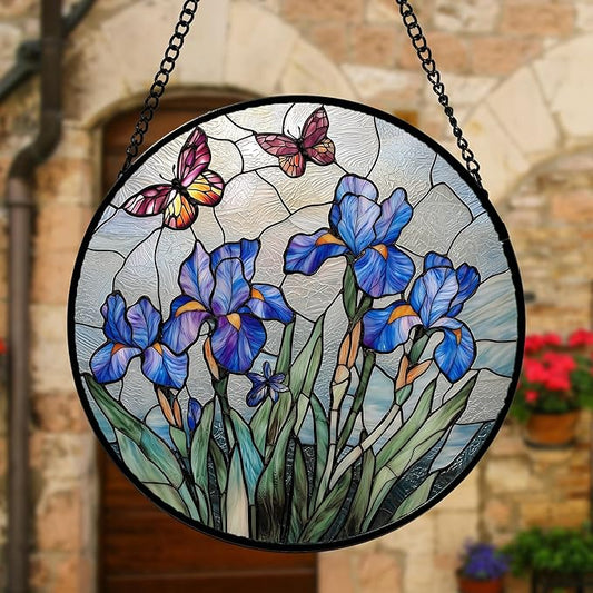DASTOLL Stained Glass Window Hanging, Blue Iris Flowers Butterfly Suncatcher Diamond Colorful Glass Panel Sun Catchers Decor for Birthday for Women, Men, Wife, Aunt, and Mom 11.8 in