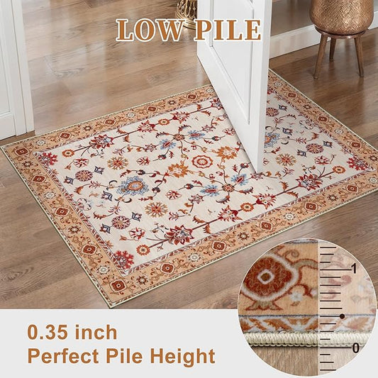 Tangsoo Washable Runner Rug for Hallway Non Slip, 2x5 Boho Floral Vintage Carpet Runner Rugs for Entryway, Floor Low Pile Runners for Kitchen Bathroom Laundry Bedroom Alfombra Orange Farmhouse
