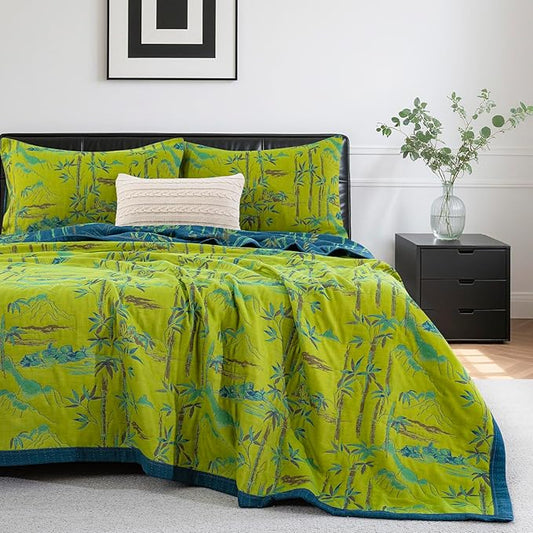 100% Cotton Muslin Jacquard 2 Piece Quilt Set Botanical Bamboo Leaf Print, Soft 3 Layers Gauze Bed Cover Reversible Bedspread Coverlet Breathable Lightweight Bedding Set, Twin