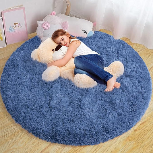 Round Fluffy for Bedroom Rugs, 6Ft Navy Blue Shag Circle Rug Non-Slip for Kids Girls Boys Bedroom Dorm Nursery Playroom, Soft Cute Area Rugs for Living Room Decor