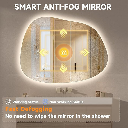 Hasipu Irregular Wall Mirror with Lights- 40"x30" Large Vanity Mirror with Anti-Fog, 3 Color Modes,Dimmable Light, Memory Function, Backlit Wall Mount, Horizontal/Vertical