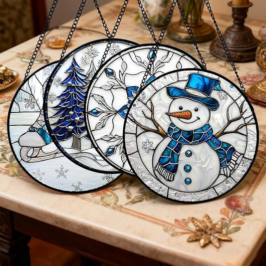 DASTOLL Stained Glass Window Hanging 4 Pcs Set White Winter Christmas Snow Scene 7.8" - Suncatcher Door Garden Sun Catcher Decor Birthday for Mom Woman Nana Men Friend Wife