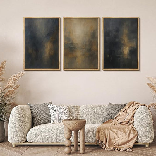 MUDECOR Framed Wall Art Print Set Dark Abstract Modern Contemporary in Navy Blue and Gold Brushstrokes Illustrations Modern Art Decorative for Living Room, Bedroom, Office - 24"x36"x3 Natural