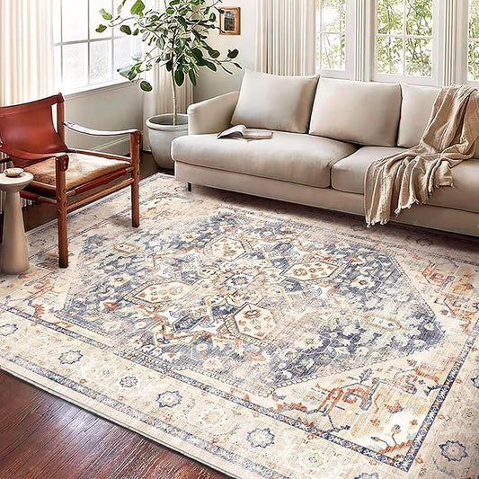 Washable Area Rug 10'x14' Blue Khaki Retro Flowers Boho Design Non-Shedding Easy Care Ideal for High Traffic Areas in Living Room Bedroom Office Coffee Table Kitchen Large Carpet