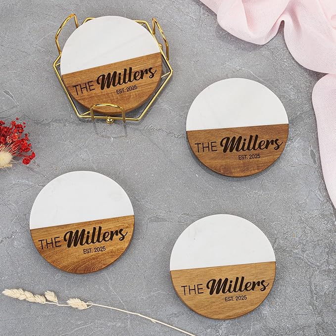 AWESOMETIK Custom Personalized Marble and Acacia Wood Coasters for Cups – Engraved Round Bar Coasters with Monogram, Wedding Gift for Couples, Anniversary, Housewarming, or Engagement Home Decor Set