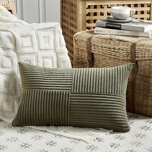 Fancy Homi 2 Packs Olive Green Lumbar Decorative Throw Pillow Covers 20x28 Inch for Living Room Couch Bed, Farmhouse Boho Home Decor, Soft Striped Corduroy Rectangle Accent Cushion Case 50x70 cm