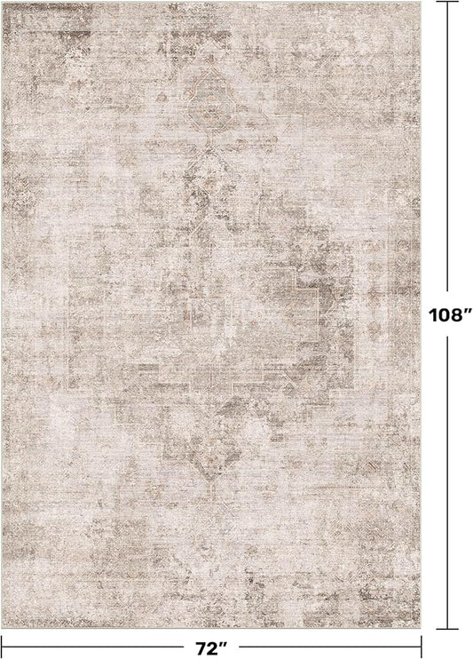 Neutral Farmhouse Area Rug for Bedroom - 6x9 Washable Rug for Dining Room Table, Ultra-Thin Soft Textured Boho Indoor Decor, Fade & Stain Resistant