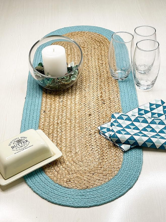 CHARDIN HOME Verona Oval Woven Jute & Cotton Braided Table Runner, Size -13 x 36 Inches, Color - Natural Jute with Aqua Border