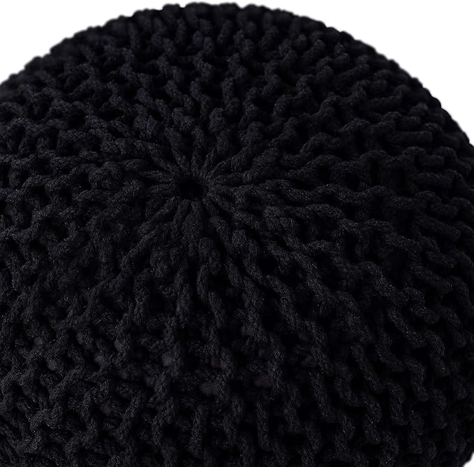 BIRDROCK HOME Round Pouf Ottoman | Cotton Braided Foot Stool with Bean Bag Filling | Boho Foot Rest for Living Room & Bedroom | Compact & Comfortable Seating, Lightweight & Soft | Black