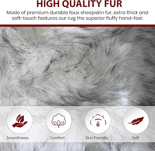 Free Shape Luxury Soft Fluffy Shag Area Rug Duo Decto 12 Pelts 6'x12', 180x360cm - Vegan Fur Ultra Soft Indoor Carpet Nursery Rugs for Bedroom Home Decor, White/Black Tips
