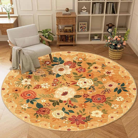 DUKINO Floral Round Rug, 6ft Washable Circle Rug, Non Slip Indoor Low Pile Circle Rug, Soft Small Boho Design Carpet for Bedroom, Entryway, Living Room, Dining Room, Orange
