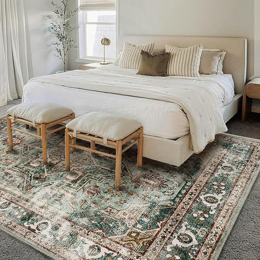 Washable Area Rug 5'x7' Green Retro Boho Chic Medallion Distressed Design Living Room Indoor Non-Slip Large Oriental Accent Throw Rugs for Kitchen Bedroom Office Carpet
