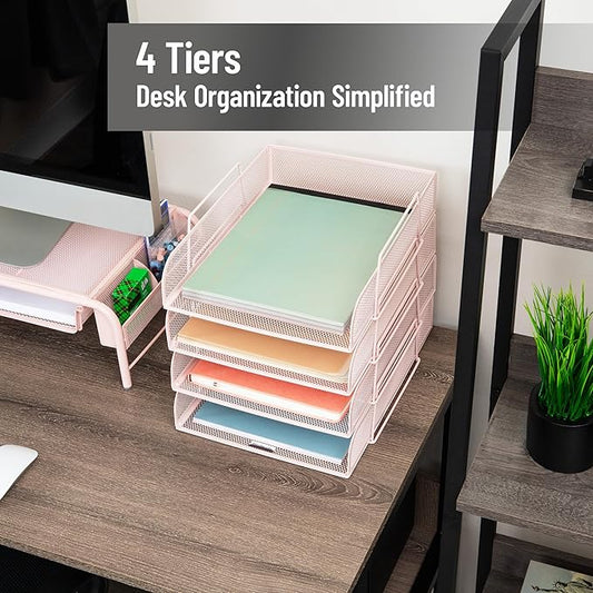 Mind Reader Stackable Paper Tray, Desktop Organizer, File Storage, Office, Metal Mesh, 10.5" L x 13.5" W x 11.25" H, 4 Pcs., Pink