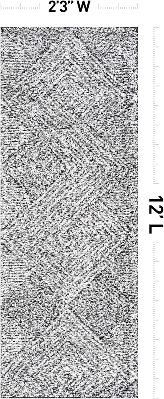 Rugshop Geometric Diamond Stripe Shag Runner Rug White 2' 3" x 12' Great for Long Hallways, Open Entryways, or Galley Kitchens