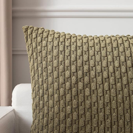 Kevin Textile 12x20 Inch Pillow Cover 1 Pack Boho Decorative Soft Striped Corduroy Lumbar Farmhouse Color Accent Rectangle Cushion Case for Living Room Couch Sofa Bed, Olive Green