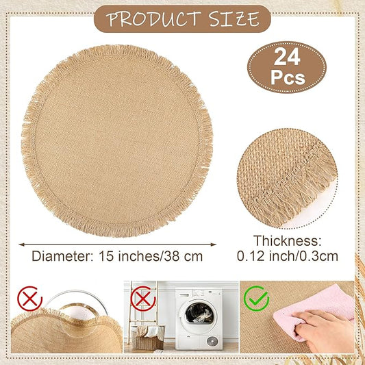 Aneco 24 Pcs Jute Placemats, 15 Inch Round Burlap Placemats, Boho Natural Jute with Fringe Table Mat, Heat Resistant Natural Farmhouse Table Mats for Wedding Birthday Party Dining Tables Decor