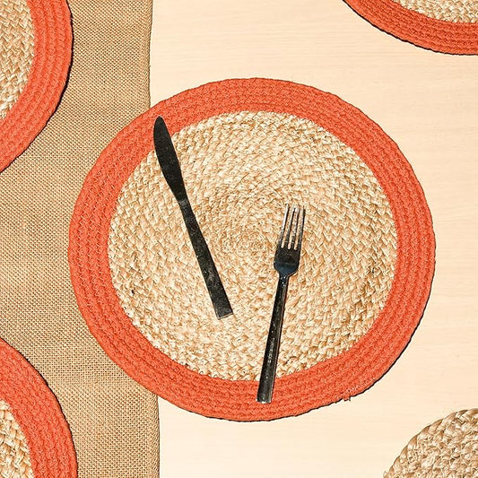 Chardin home Round Verona Woven Jute & Cotton Braided PLACEMAT (Set of 4), Size -14 inch, Round, Color - Natural Jute with Rust Orange Border