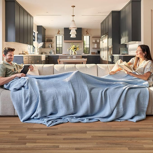 Bedsure Gentlesoft 100% Cotton Large Throw Blanket for Couch 50x70 inches - Breathable and Soft, Waffle Weave Throw Blanket for Office, Sky Blue