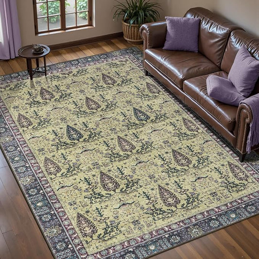 Tangsoo 5x7 Washable Area Rug for Living Room,Non Slip Vintage Boho Purple Floral Indoor Rug for Bedroom Office, Soft Low Pile Foldable Floor Rugs for Dining Room Nursery Home Decor