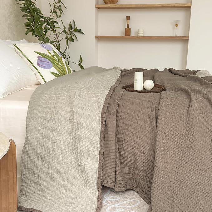 FALUCA Cotton Muslin Reversible Blanket King Size for Bed, Couch, Four Layers Blanket, Soft Lightweight Cozy Breathable Farmhouse Decoration for All-Season, Brown