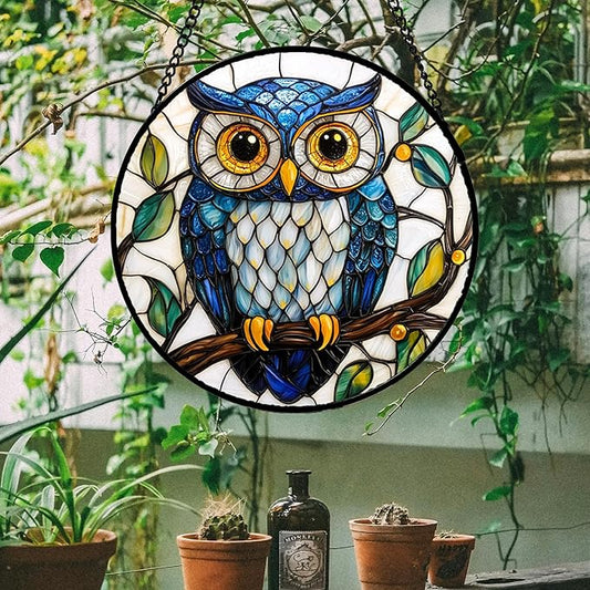 DASTOLL Stained Glass Window Hanging, Owl Gifts for Women Sun Catchers Diamond Glass Panel Hangings Birds Suncatcher Decor for Birthday for Women, Men, Wife, Aunt, and Mom 14.9x14.9 in