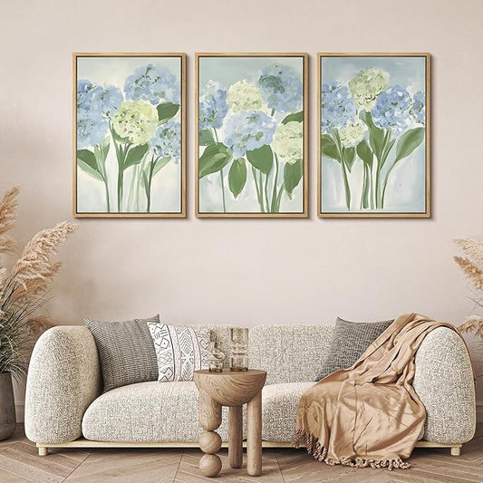 MUDECOR Framed Wall Art Print Set Blue Hydrangea Floral Botanical with Green Leaves Illustrations Modern Art Boho Decorative Colorful Chic for Living Room, Bedroom, Office - 24"x36"x3 Natural