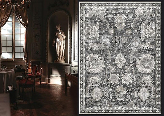 RUGSURE Washable Area Rugs - Perfect for Living Room, Bedroom, Kids Room, Nursery - Stain & Water Resistant Non-Slip, Pet & Child Friendly, Vintage Tribal Area Rugs (Grey, 4' x 6')
