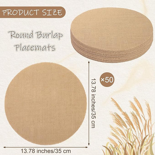 Aneco 50 Pieces Round Burlap Placemats 13.78 Inch Reusable Brown Table Mats Heat Resistant Natural Jute Fibers Placemats Burlap Circle Rustic Table Decorations for Dinner Holiday Farmhouse Decor