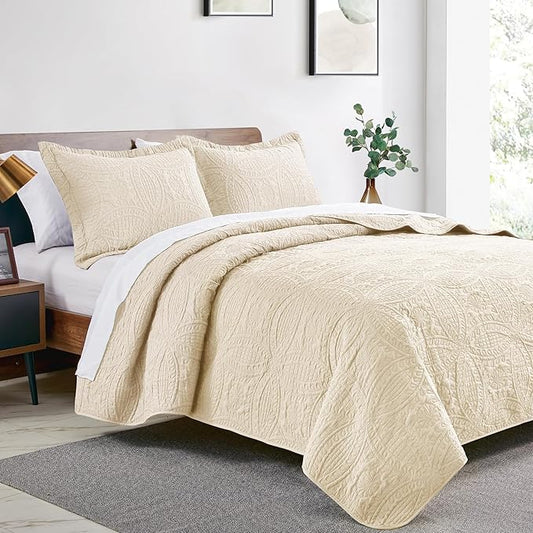 Love's cabin Quilts for Full Bed Beige Bedspread Comforters Bedding Set - Summer Lightweight Bedspread Comforter - Coin Pattern Bedding Coverlet for All Season - 3 Pieces (1 Quilt, 2 Pillow Shams)