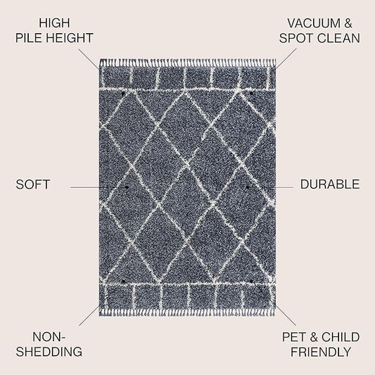 JONATHAN Y Mercer Shag Plush Tassel Blue/Cream Indoor Area Rug, 5x8, Moroccan Geometric Trellis, Easy-Cleaning for Living Room, Bedroom, Kitchen, Pet Friendly, Non-Shedding (MCR101A-5)