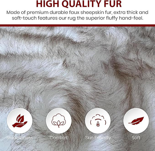 Free Shape Luxury Soft Fluffy Shag Area Rug Single 2’x3’, 60x90cm - Vegan Fur Ultra Soft Indoor Carpet Nursery Rugs for Bedroom Home Decor, White with Brown Tips