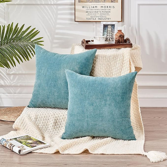 GAWAMAY Decorative Square Throw Pillow Covers 20"x20" Inch Set of 2, Super Soft Chenille Pillows Farmhouse Fall Pillowcase for Living Room Bedroom Sofa Couch Cushion Cover Smoke Blue 50x50cm