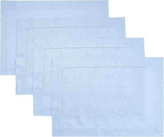D'Moksha Homes Powder Blue Linen Cloth Placemats Set of 4-100% Pure Linen Hemstitch Placemats 14 x 19 Inch - Classic Hemstitch Table Place Mats for Winter - Handcrafted and Machine Washable