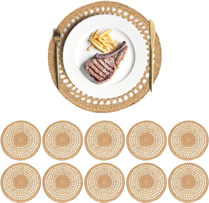 15" Round Seagrass Placemats – Set of 10 | Boho Rattan Woven Table Mats, Farmhouse Plate Chargers for Spring, Weddings, Parties & Christmas Décor | Natural Water Hyacinth & Corn Husk Style