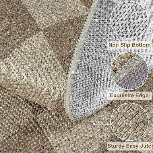 Easy Jute Checkered Entryway Rug, 2.6x4 Brown Modern Indoor Outdoor Doormat, Washable Non-Slip Neutral Kitchen Rug Farmhouse Diamond Throw Rugs for Entrance Bedroom Bathroom