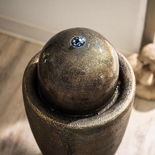 26" Zen Sphere Water Fountain with LED Light – Indoor Outdoor Stone Texture Floor Fountain, Bronze | XBrand