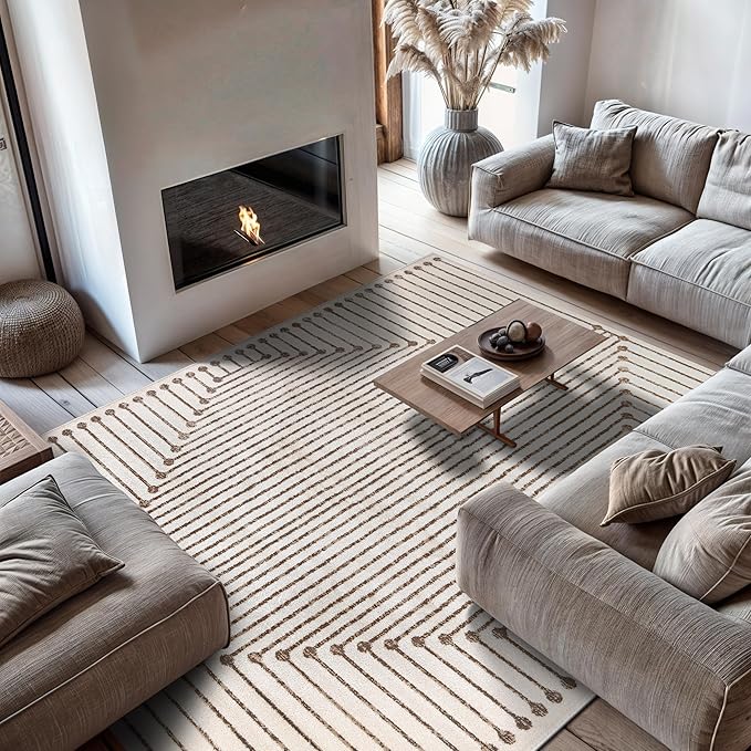 Rugshop Beige and Brown Geometric Area Rug – Soft Abstract Line Pattern Carpet for Living Room, Bedroom, or Office – Contemporary Neutral Decor Accent 7' 10" x 10' Beige
