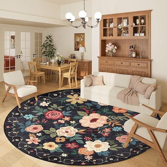 DUKINO Floral Round Rug, 6ft Washable Circle Rug, Non Slip Indoor Low Pile Circle Rug, Soft Small Boho Design Carpet for Bedroom, Entryway, Living Room, Dining Room, Black