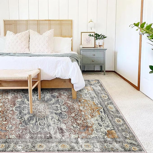 Area Rug 4x6 Washable Rug Taupe Vintage Traditional Floor Cover Foldable Thin Retro Accent Indoor Distressed Non Slip Carpet Floral Print Mat Bedroom Living Room Bathroom