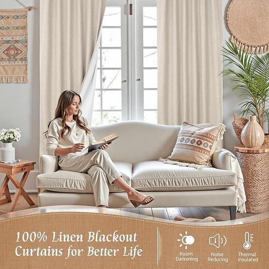 LAMIT Linen 100% Blackout Window Curtains for Bedroom, 45 Inches Linen Textured Thermal Farmhouse Curtains Back Tab and Rod Pocket Window Panels with White Liner, 2 Panels, 52 x 45 Inch, Oatmeal