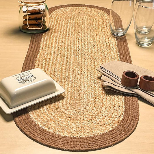 CHARDIN HOME Verona Oval Woven Jute & Cotton Braided Table Runner, Size -13 x 36 Inches, Color - Natural Jute with Brown Border