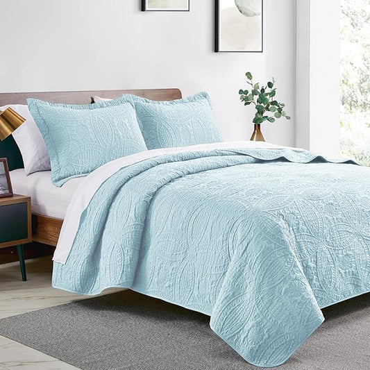 Love's cabin King Size Quilt Set Spa-Blue Bedspreads - Soft Bed Summer Lightweight Bedspread Comforter - Modern Style Coin Pattern Coverlet for All Season - 3 Pieces (1 Quilt, 2 Pillow Shams)