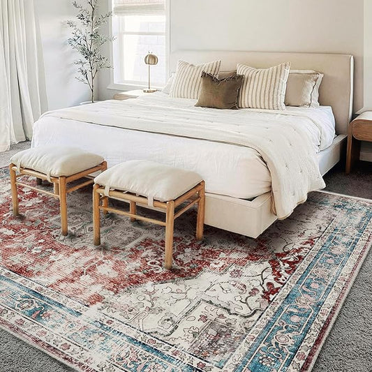 Washable Area Rug 10'x14' Red Blue Retro Flowers Boho Design Non-Shedding Easy Care Ideal for High Traffic Areas in Living Room Bedroom Office Coffee Table Kitchen Large Carpet
