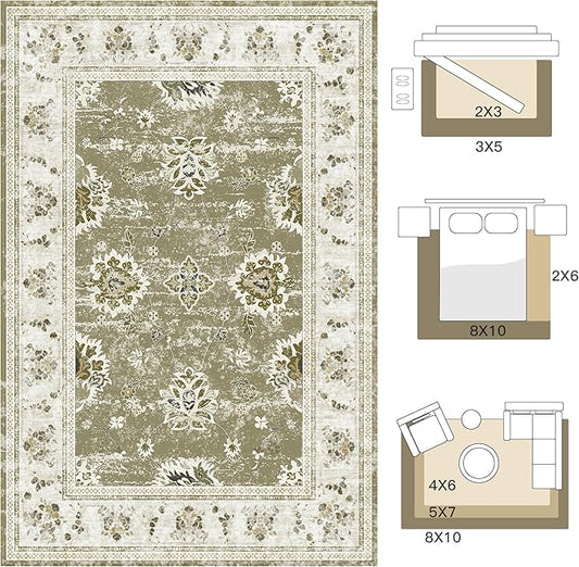 Tangsoo Floral Area Rug 8x10 Washable Vintage Carpet, Non-Slip Low Pile Large Rug for Living Room, Bedroom, Dining Room, Farmhouse, Kids Room Soft Distressed Boho Accent Rug for Home Décor