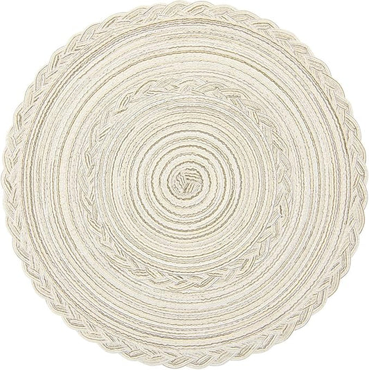 SHACOS Boho Round Placemats Set of 8 Braided Border Round Place Mats 15 inch Washable Dining Table Mats for Home Wedding Holiday Party (Ivory Bordered, 8)