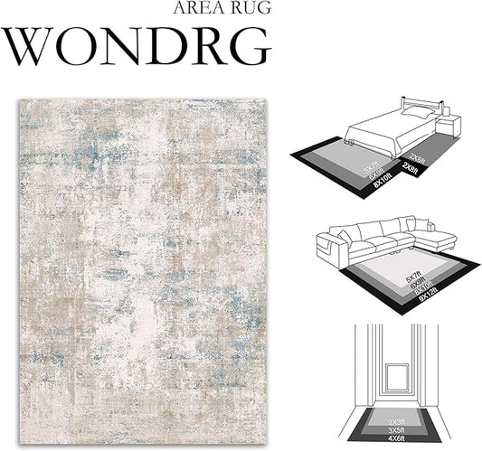 12x15 Area Rug Beige Blue Abstract Living Room Bedroom Washable Carpet Neutral Modern Non Slip Soft Low Pile Large Throw Rug for Dining Room Kitchen Office