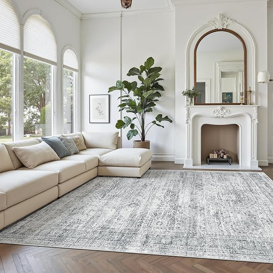 Washable Area Rug 8x10, Large Soft Rugs for Living Room Farmhouse Vintage Gray Area Rugs for Bedroom Dining Room Non-Slip Stain Resistant Under Table Rug Grey