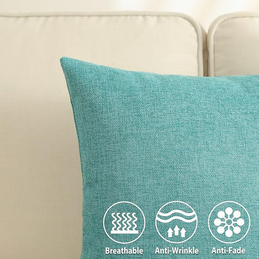 Stellhome Burlap Large Throw Pillow Covers Textured Farmhouse Linen Pillowcase for Bed Couch Sofa Bench Rustic Pillows Neutral Accent Cushion Cases Set of 2, 24 x 24 inch (60 x 60 cm), Blue Green