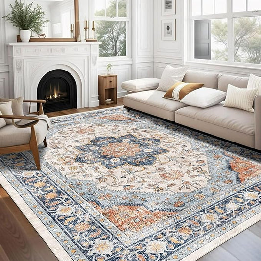 vivorug 5x7 Area Rugs - Boho Ultra-Thin Washable Rug with Non-Slip Backing, Ideal for Living Room, Bedroom, Kitchen Floor Carpet - Vintage Floral, Easy Clean, Durable, Low Pile Orange/Navy