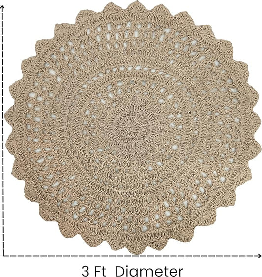 Hausattire Hand Woven Jute Crochet Rug, 3’ Round – Natural, Anti-Slip Accent Boho Entry Area Rugs for Kitchen, Living Room I Farmhouse Decorative Floor Rug, 3 Feet Round